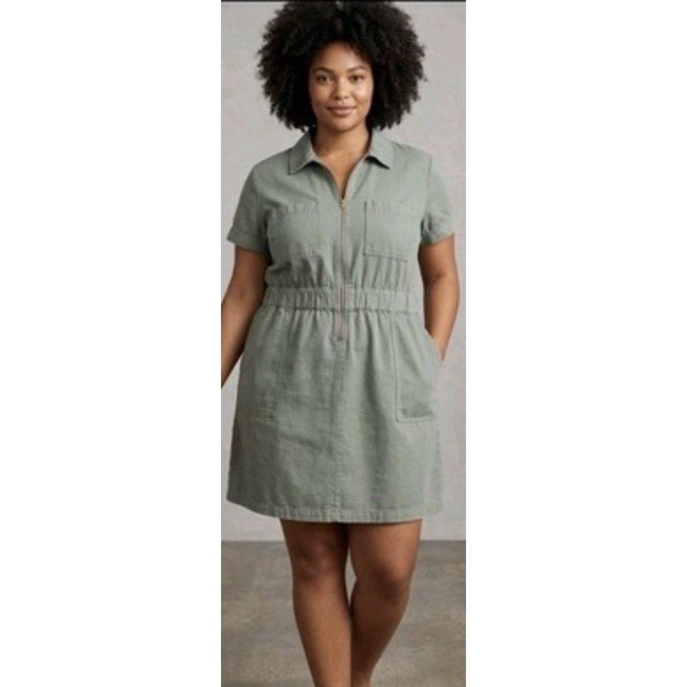 J. Crew Zip Front Chino Dress Sage Green Plus SZ 18 Utility Travel Safari EUC